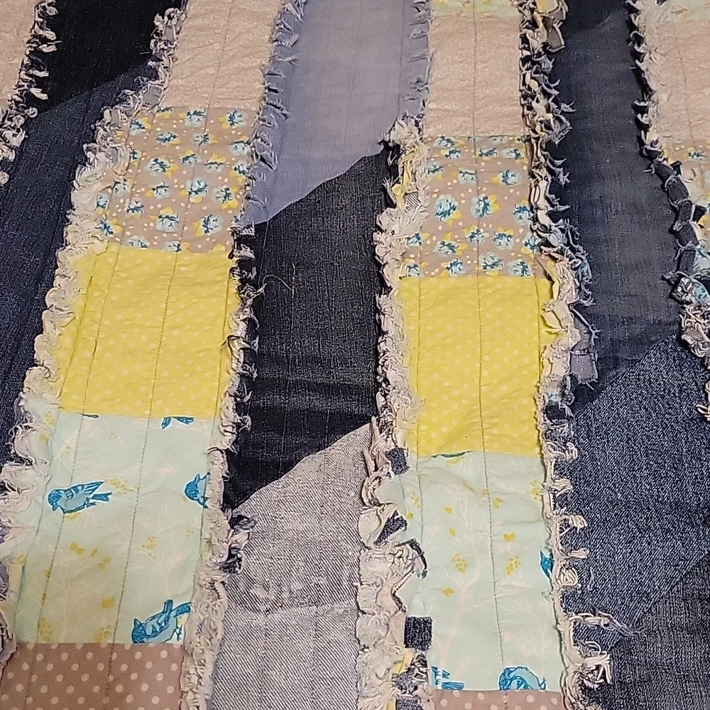 Upcyclef Twin Rag Quilt hand crafted with Denim Jeans Blue Yellow &  Gray Fabric